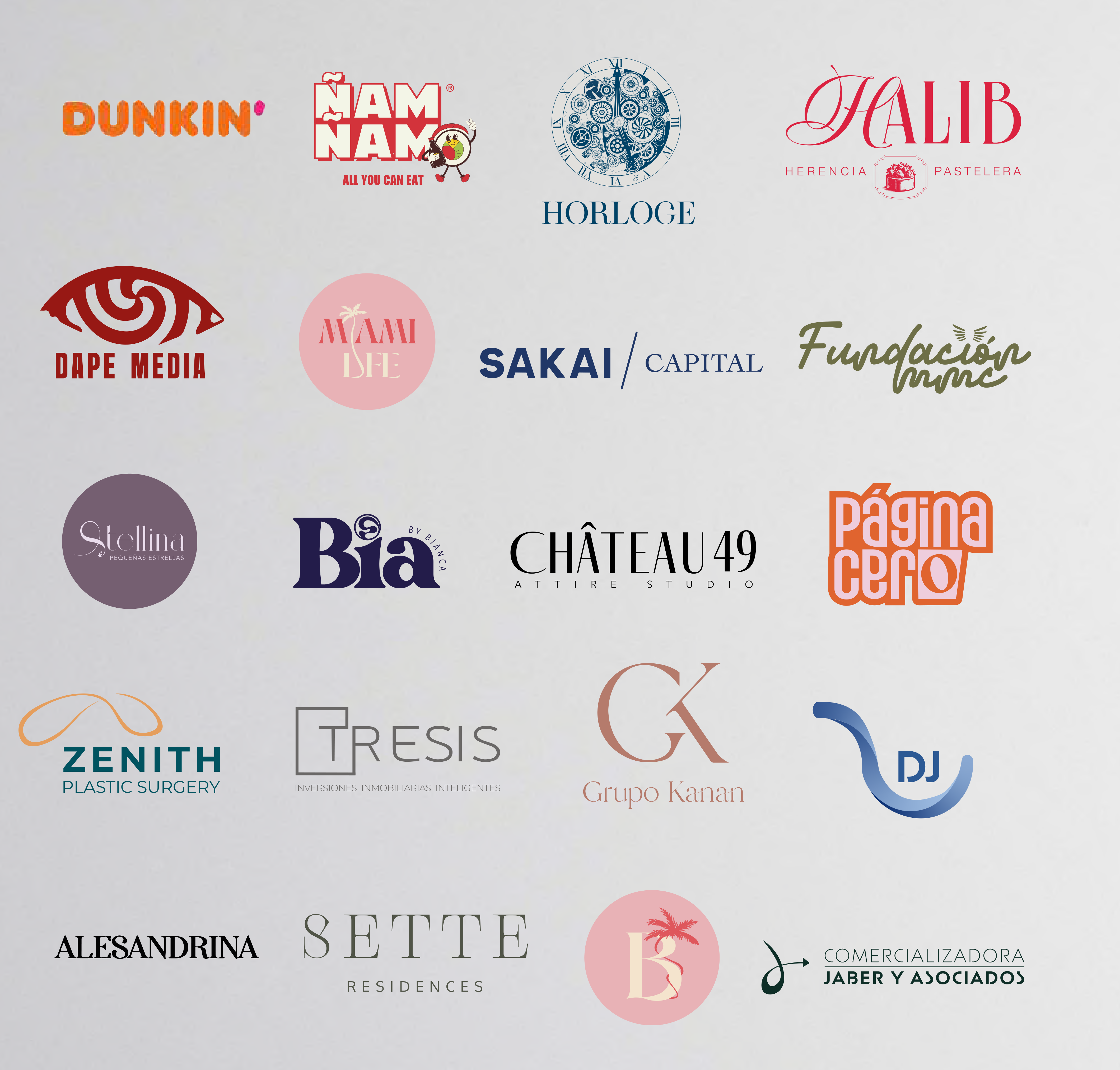 Our clients — Dunkin', Ñam Ñam, Horloge, Halib, Dape Media, Miami Life, Sakai Capital, Fundación MMC, Stellina, Bia, Château 49, Página Cero, Zenith, Tresis, Grupo Kanan, DJ, Alesandrina, Sette Residences, and more
